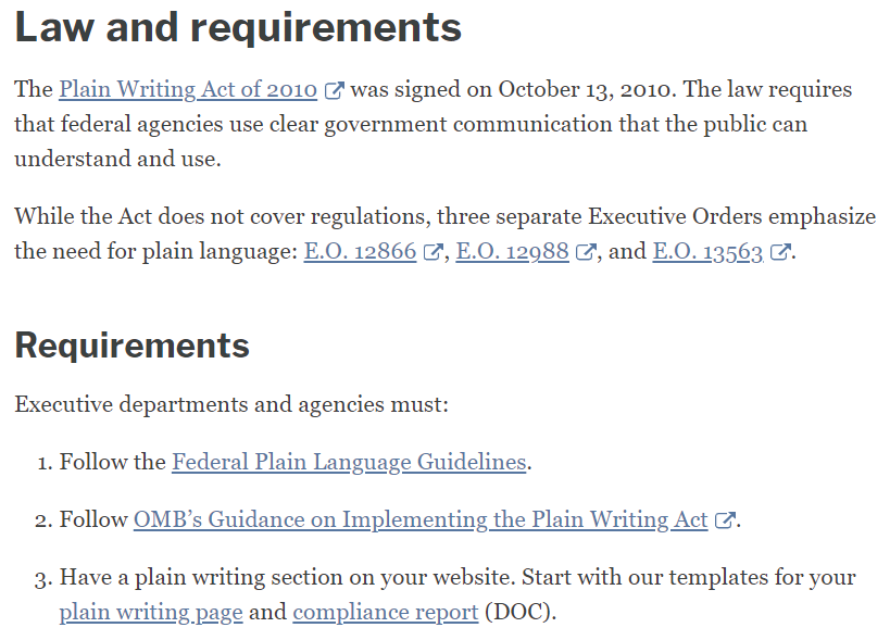 Screenshot of Plain Language Law and Requirements from www.plainlanguage.gov